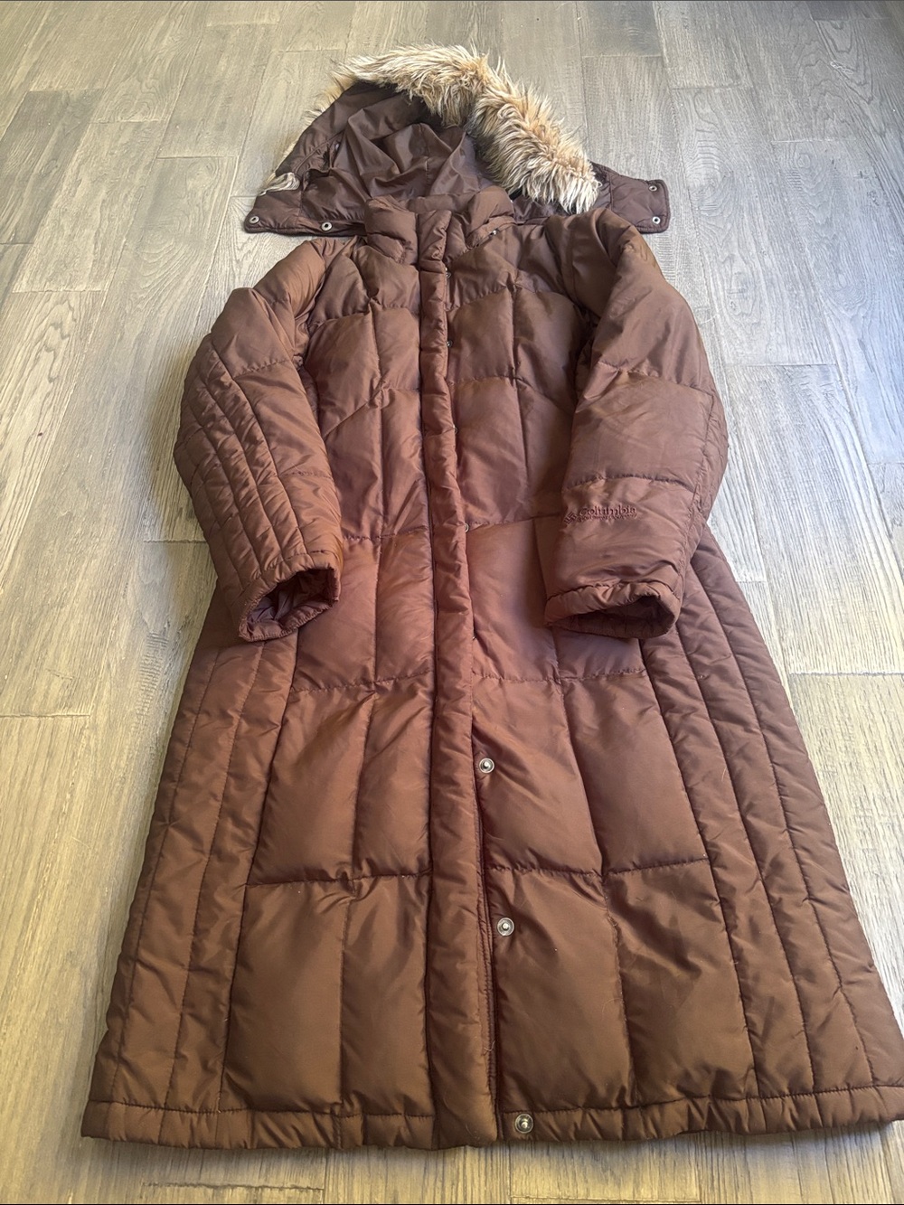 Columbia | Long Quilted Down Feathers Brown Puffer Coat Faux Fur Hood Small - Picture 2 of 10